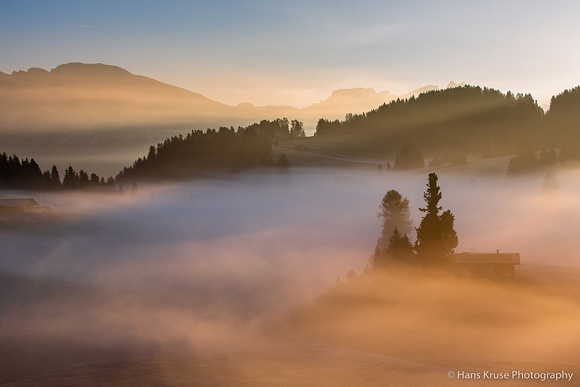 Morning light at Alpe di Siusi with fog